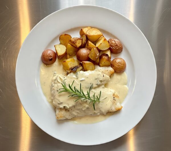 Pescado al horno con crema y romero con papas