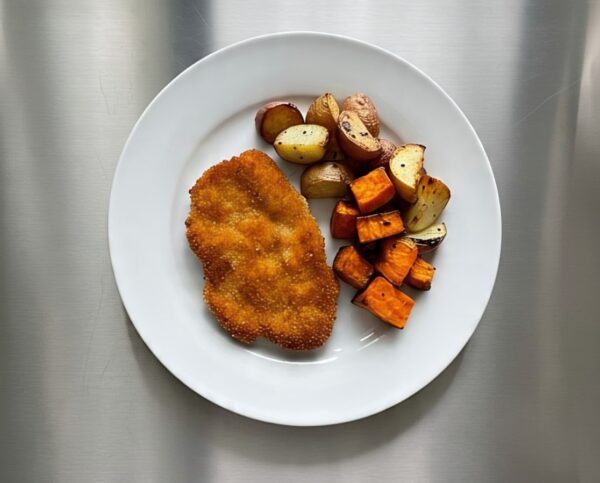 Milanesa de cerdo con papas y batatas al horno